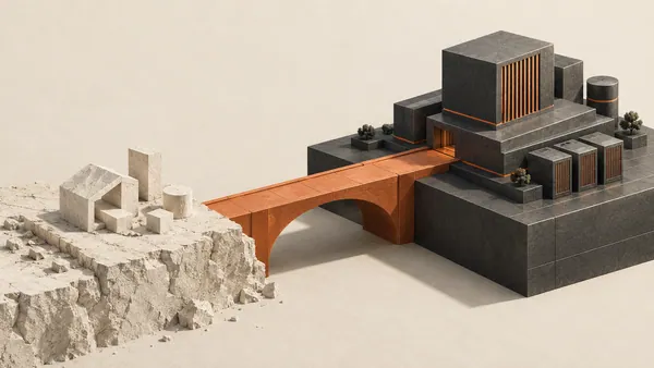 A prototype structure crossing a bridge onto a stable production foundation.