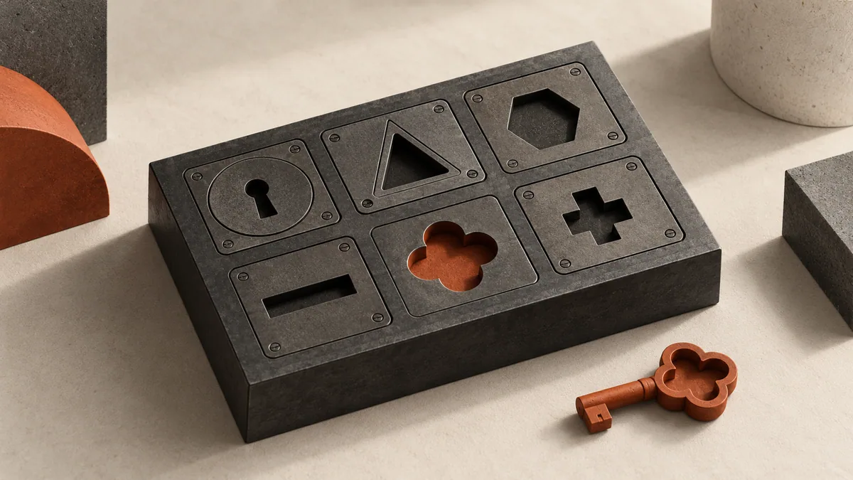 A terracotta key fitting one specific compartment in an infrastructure access panel.