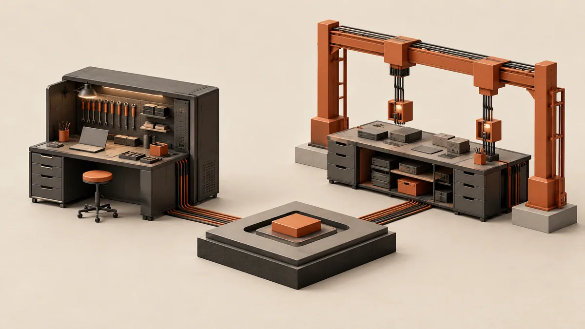 Internal and managed operating stations connected to a shared product foundation.