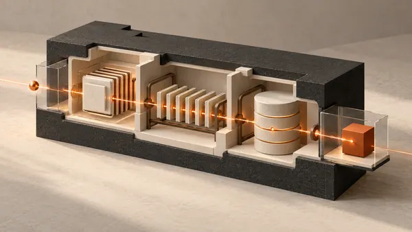 A cutaway application system with a continuous trace through its components.