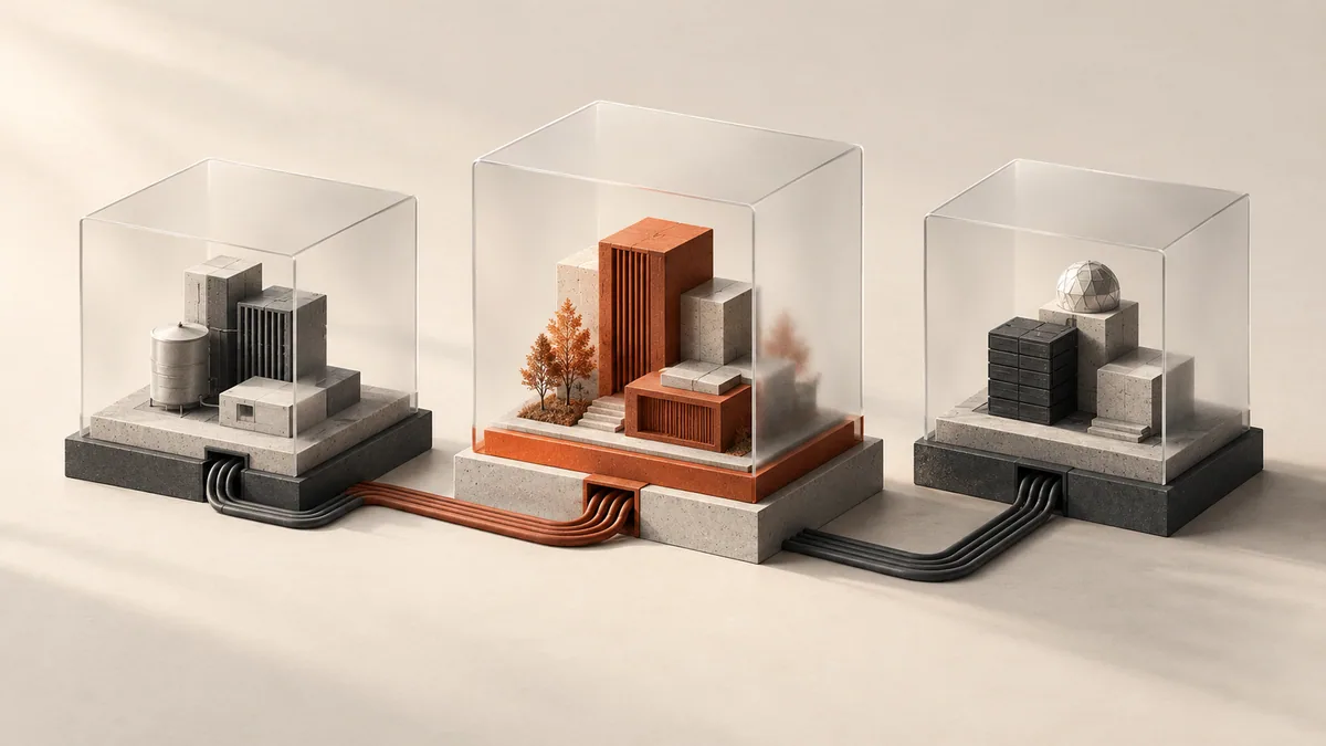 Three isolated preview environments inside separate frosted glass cases.